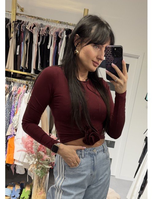 Bordowa bluzka na długi rękaw z broszką // 2953*
