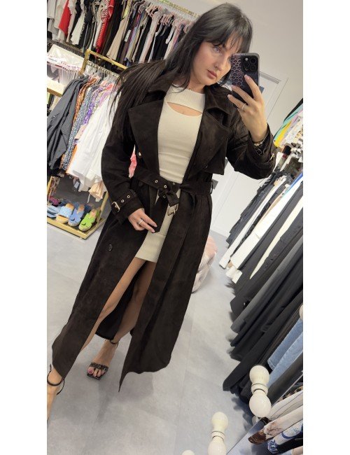 Brązowy długi płaszcz z irchy // 3231**