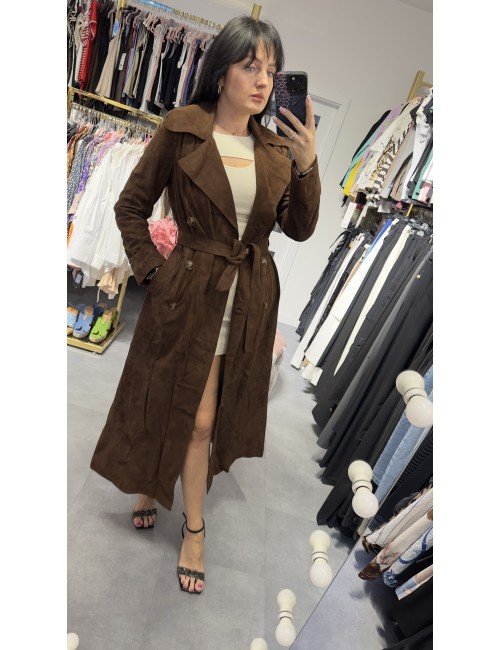Brązowy długi płaszcz z irchy // 3233**