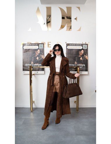 Brązowy długi płaszcz z irchy // 3233**