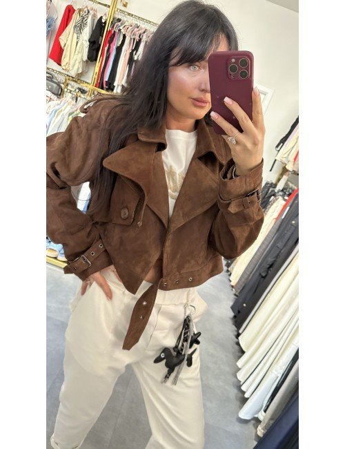 Kurtka Zamszowa Damska AdoreDanew Skóra Naturalna Brązowa Crop Top