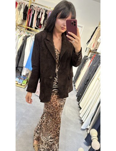 Brązowa Marynarka Zamszowa AdoreDanew | Elegancka Kurtka Skórzana