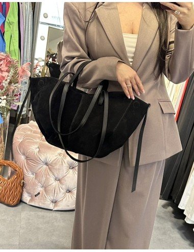 Czarna Torebka Zamszowa 2w1 | Shopper Bag z Naturalnej Skóry | Made in Italy