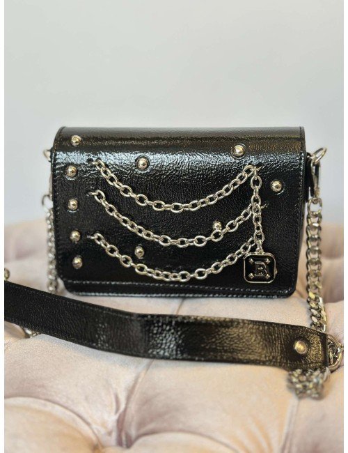 Lakierowana Torebka Skórzana Czarna Babylon | Torba z Łańcuchami i Nitami