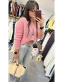 Sweterek Damski Kid Moher Pastelowy Dekolt V Crop Top Made in Italy