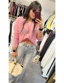 Sweterek Damski Kid Moher Pastelowy Dekolt V Crop Top Made in Italy