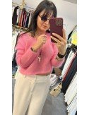 Sweterek Damski Kid Moher Pastelowy Dekolt V Crop Top Made in Italy