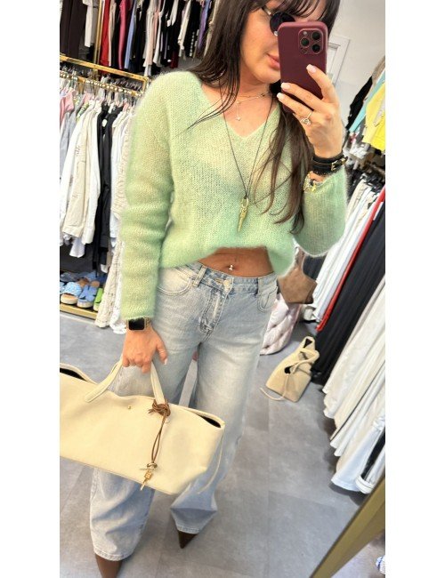 Sweterek Damski Kid Moher Pastelowy Dekolt V Crop Top Made in Italy
