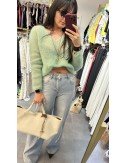 Sweterek Damski Kid Moher Pastelowy Dekolt V Crop Top Made in Italy