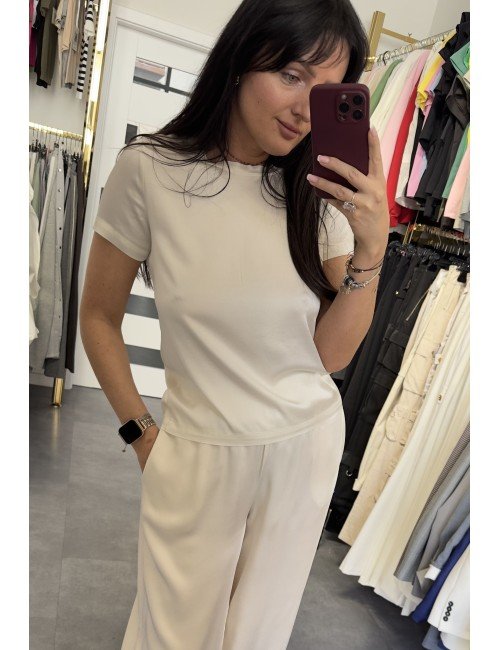 Dwuczęściowy komplet ViCOLO – satynowa bluzka oversize i spodnie z gumką