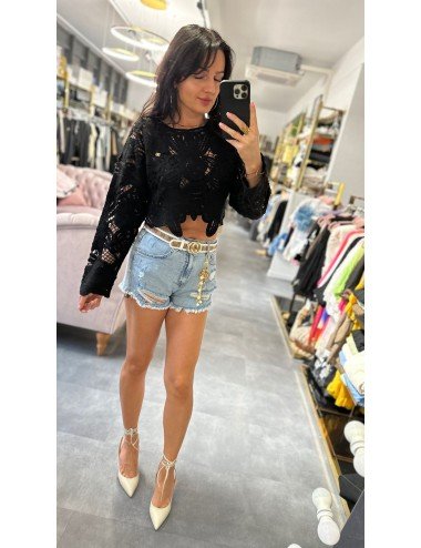 czarny sweterek ażurowy na długi rękaw // 1896*