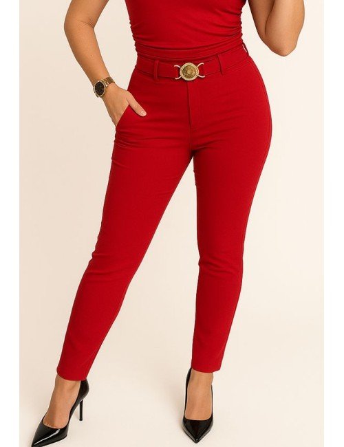 Czerwone dopasowane spodnie Babylon z paskiem i złotą sprzączką – Elegancja w nowoczesnym stylu