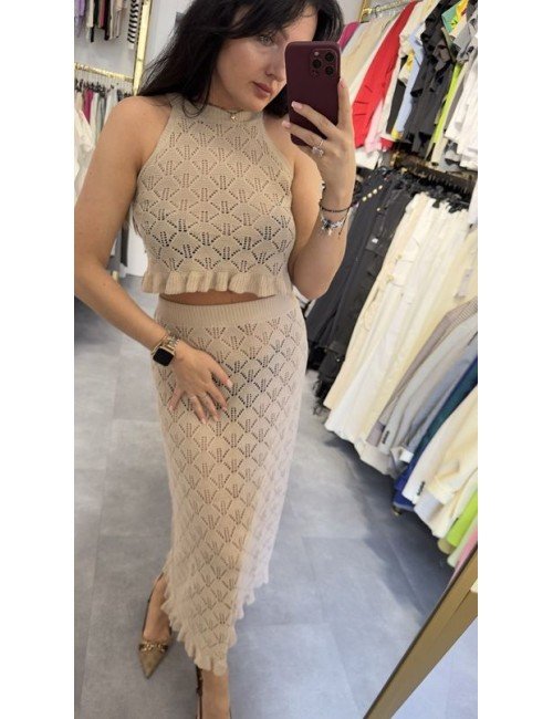 Beżowy Ażurowy Komplet Top + Spódnica – Włoska Odzież Damska Premium
