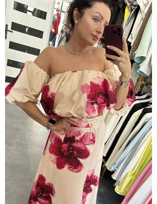 Komplet Lumina – bluzka hiszpanka i spódnica midi z kwiatowym printem