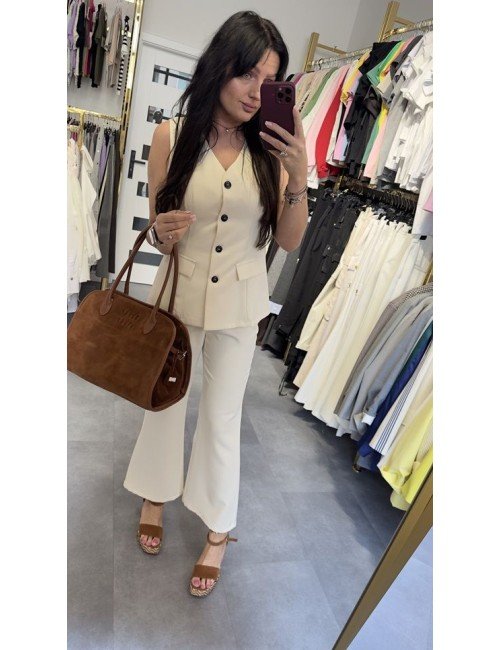 Komplet Damski Kamizelka Spodnie | Jasny Beż Poliester | Elegancki Zestaw