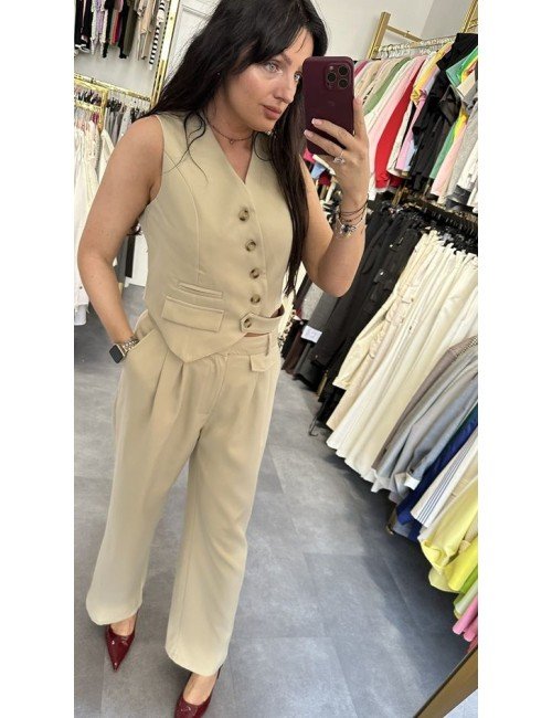 Komplet Damski Kamizelka i Spodnie | Beżowy Zestaw Poliester | Elegancki Strój