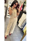 Komplet Damski Kamizelka i Spodnie | Beżowy Zestaw Poliester | Elegancki Strój