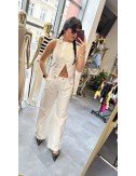 Komplet Bawełniany Damski | Asymetryczny Top Spodnie Wide Leg | Beżowy Biały