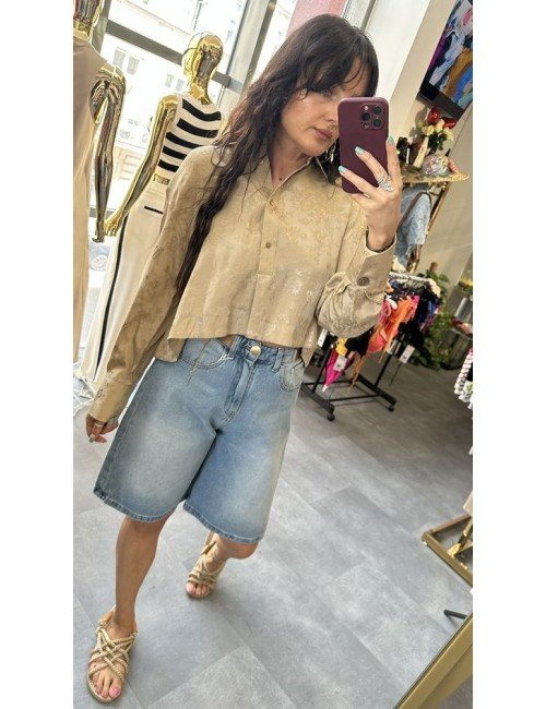 Koszula Wiskozowa ViCOLO | Biała Złota Dłuższy Tył | Kwiatowy Wzór