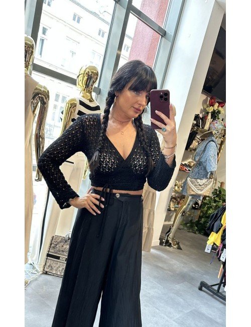 Sweterek Ażurowy Ana Caselli Czarny | Wiązany | Bawełna Poliester | Modny Sweter Damski