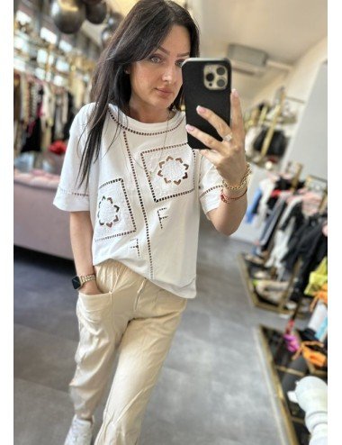 Koszulka Fracomina Biała Ażurowa | Bawełniana | Modna Koszulka Damska