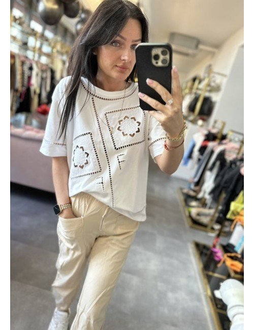 Koszulka Fracomina Biała Ażurowa | Bawełniana | Modna Koszulka Damska