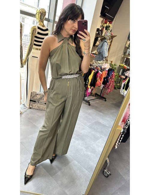 Kombinezon Babylon Oliwkowy | Szerokie Nogawki | Wiskoza Len | Elegancki Kombinezon Damski