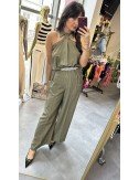 Kombinezon Babylon Oliwkowy | Szerokie Nogawki | Wiskoza Len | Elegancki Kombinezon Damski