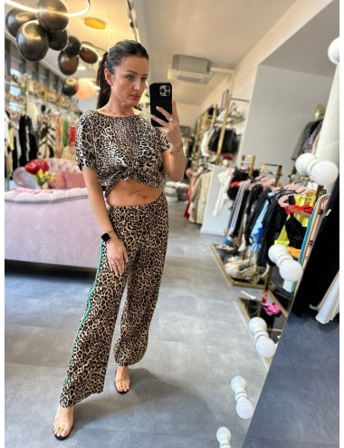 Spodnie Palazzo Leopard Ana Caselli | Lampas Zielony | Wiskoza Nylon