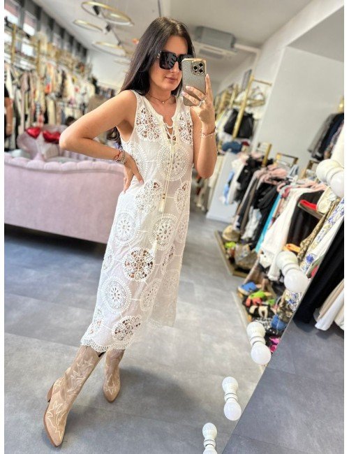 Sukienka Koronkowa Midi Biała Ażurowa | Letni Boho