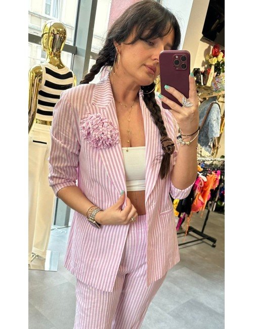 Żakiet Imperial Różowe Paski | Len Bawełna | Letni Elegancki | Marynarka Damska