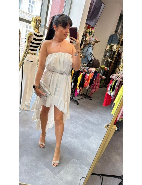 Sukienka Bandeau Lumina Białym | Poliester | Włoska Marka | Falbany Asymetryczna