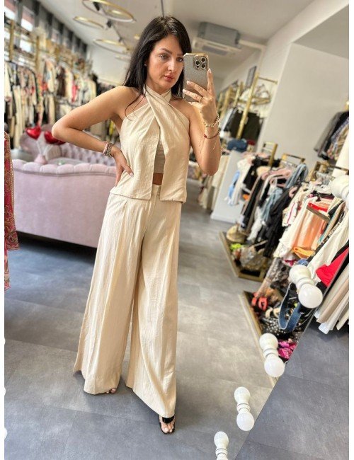 Komplet Lumina Wiskoza Poliamid | Top Halter Spodnie Palazzo | Letni Zestaw | Elegancki