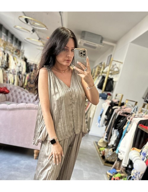 Bluzka Plisowana Souvenir Beżowa | Poliester | Elegancka Włoska | Na Lato