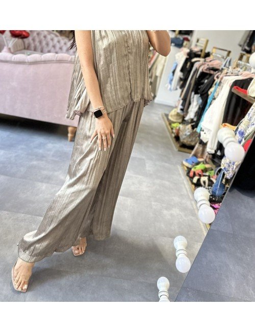 Spodnie Plisowane Souvenir Beżowe | Poliester | Szerokie Nogawki | Eleganckie Włoskie