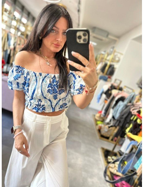 Bluzka Hiszpanka Lumina Bawełna Niebieska Biała | Bluzka Odkryte Ramiona | Sklep [Nazwa Twojego Sklepu]