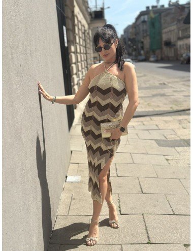 Sukienka Midi Wiązana na Szyi | Wzór Missoni | Brąz Beż | 100% Bawełna | Made in Italy | Letnia Odzież Damska