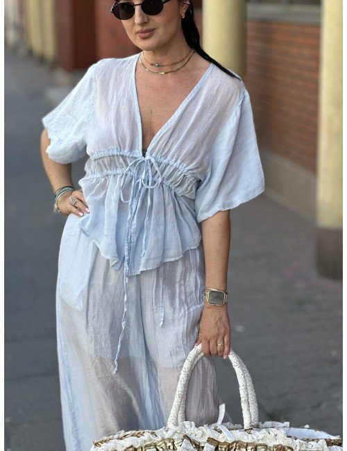 Błękitna Koszula Krótki Rękaw | 100% Ramia | Made in Italy | Rozmiar Uniwersalny | Moda Damska