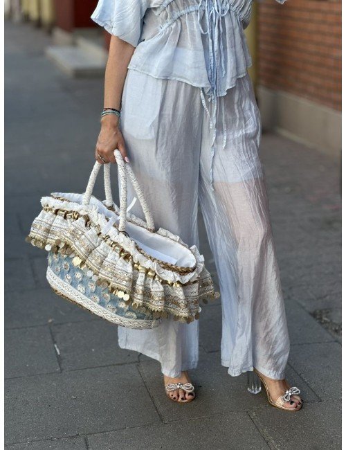 Błękitne Spodnie Palazzo | Lyocell Poliester | Made in Italy | Rozmiar Uniwersalny | Moda Damska