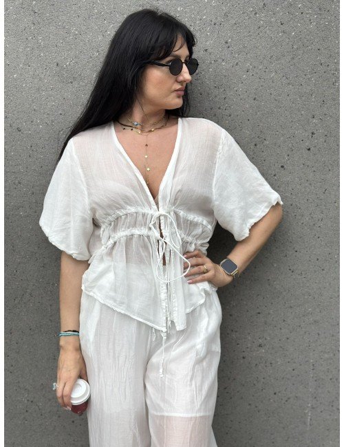 Biała Koszula Krótki Rękaw | 100% Ramia | Made in Italy | Rozmiar Uniwersalny | Moda Damska