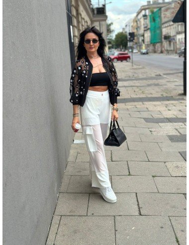 Czarna Bomberka Przezroczyste Rękawy | Kwiatowy Wzór | Wiskoza Poliamid Elastan | Kurtka Damska