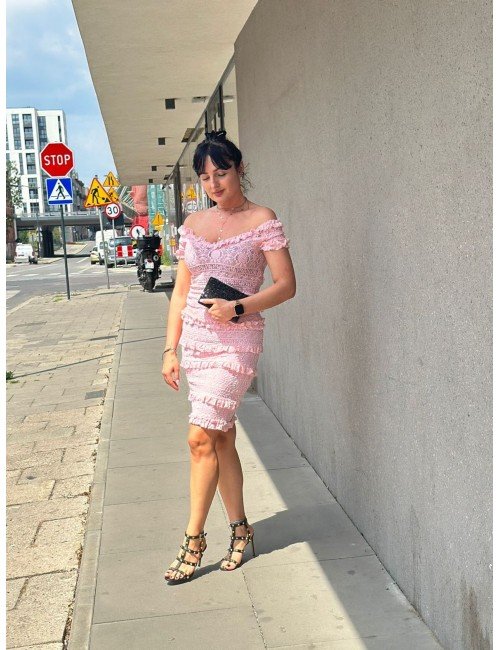 Różowy Komplet Damski Bluzka i Spódnica z Falbankami - Made in France