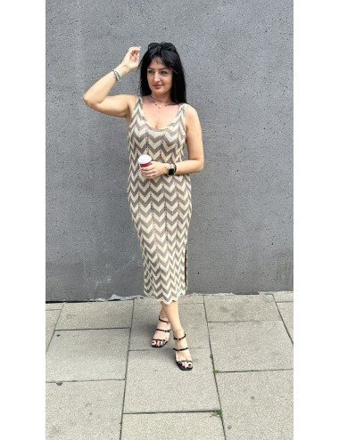 Sukienka Midi w Zygzak Akryl Nylon Made in Italy - Letnia Beżowo-Biała
