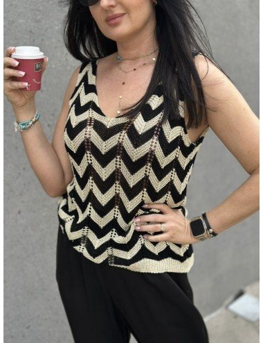 Top Damski Dzianinowy w Zygzak Złota Nitka Made in Italy - Czarno-Beżowy