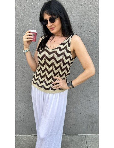 Top Damski Dzianinowy w Zygzak Złota Nitka Made in Italy - Brązowo-Beżowy