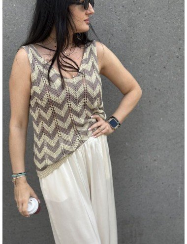 Top Damski Dzianinowy w Zygzak Złota Nitka Made in Italy - Beżowo-Brązowy
