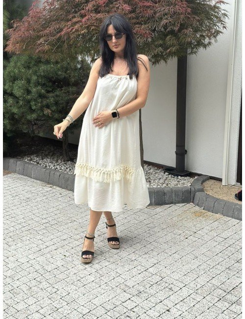 Sukienka Maxi Beżowa Jedwab Wiskoza Wiązane Ramiączka