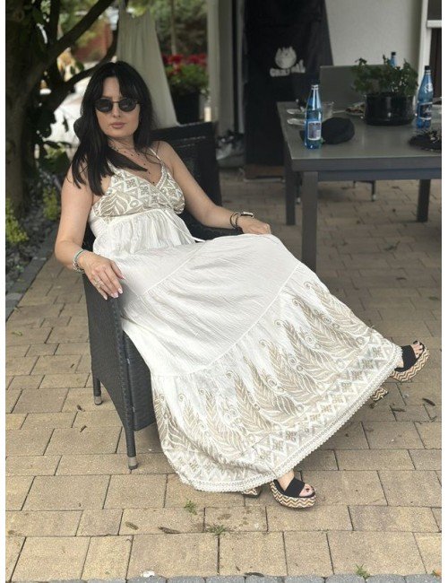 Sukienka Maxi Biała Haftowana Falbany Wiskoza Nylon - Letnia