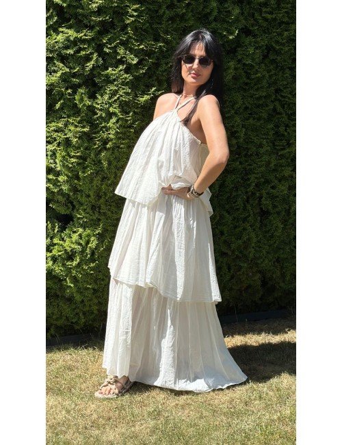 Biała Sukienka Maxi Falbany Halter Bawełna Souvenir Italy