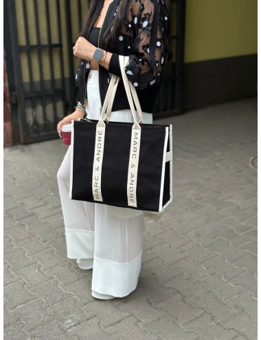 Torba Bawełniana Marc&André Shopper Bag Czarna z Beżowymi Paskami